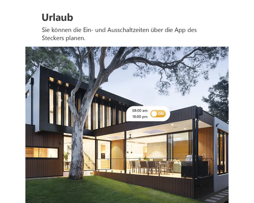 Modernes Haus mit Beleuchtung und Anzeige der Zeitsteuerung für Smart Home Steckdosen per App für den Urlaubsmodus.