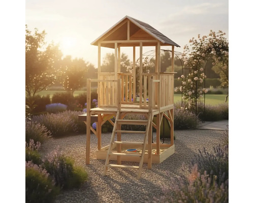 Spielturm aus Holz mit Satteldach, Leiter und Sandkasten in einem sonnigen Garten mit Lavendel.
