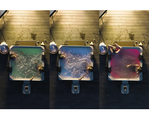 Drei Draufsichten eines quadratischen Whirlpools auf einer Holzterrasse bei Nacht mit grüner, blauer und roter Beleuchtung und Personen im Wasser.