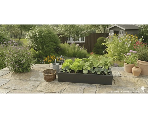 Schwarzer Pflanzkasten mit Salat und Gemüsepflanzen auf einer Steinterrasse in einem hellen Garten mit Blumen und Gartenhaus.