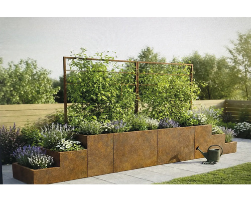 Gestuftes Hochbeet-System aus Corten-Stahl mit Rankgittern, bepflanzt mit Kletterpflanzen und Blumen in einem hellen Außenbereich.