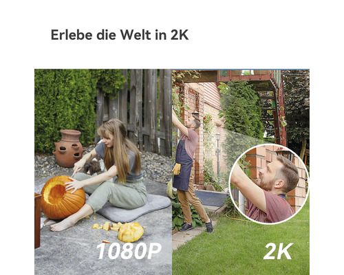Erlebe die Welt in 2K: Vergleich von 1080p- und 2K-Auflösung bei Außenszenen mit Frau beim Kürbisschnitzen und Mann bei der Gartenarbeit.