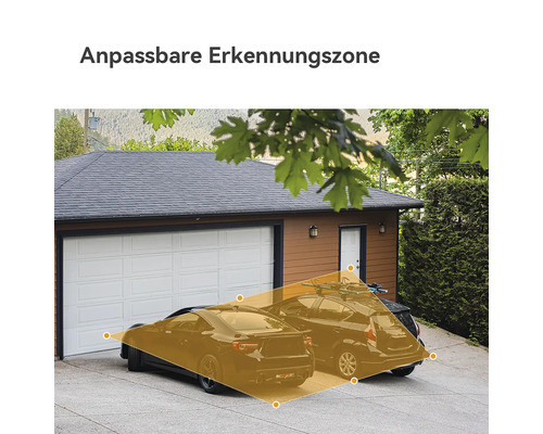 Eine Garageneinfahrt mit zwei Autos und einer hervorgehobenen, anpassbaren Erkennungszone einer Überwachungskamera.