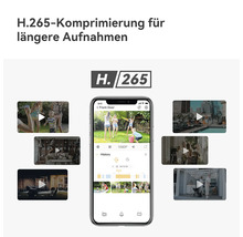 Smartphone zeigt eine Überwachungskamera App mit Videozeitleiste und Vorschauen zur Darstellung der H.265 Komprimierung für längere Aufnahmen.