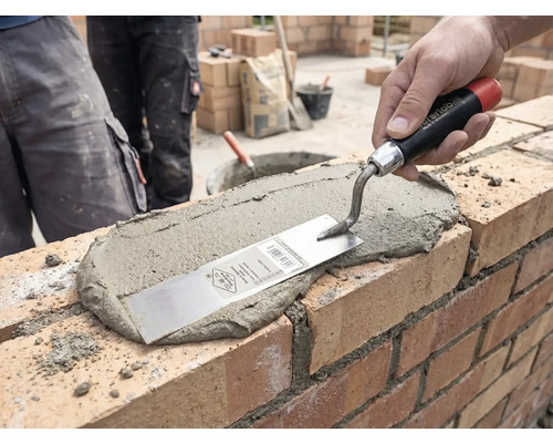 Hand trägt mit einer Maurerkelle Mörtel auf eine Ziegelwand auf einer Baustelle auf.