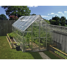 Freistehendes Gewächshaus mit Aluminiumrahmen und Verglasung in einem hellen Garten neben einem Holzzaun.