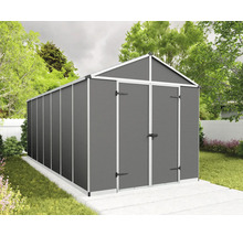 Modernes Gerätehaus aus Metall mit Satteldach und Doppeltür in Anthrazit auf einem Fundament im Garten.