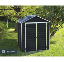 Modernes dunkelgraues Gerätehaus mit Doppeltür und Satteldach auf einer Rasenfläche im Garten. Canopia by Palram Logo.