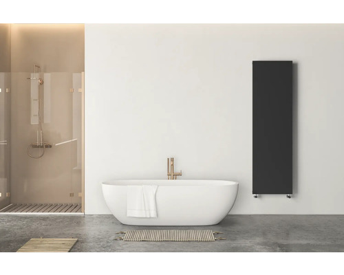 Modernes Badezimmer mit schwarzem vertikalem Heizkörper, freistehender weißer Badewanne und Dusche mit goldfarbenen Armaturen.