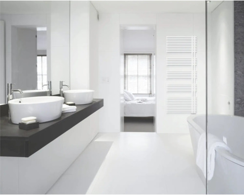 Modernes Badezimmer mit zwei Aufsatzwaschbecken, einer Badewanne und einem weißen Handtuchheizkörper an der Wand. Minimalistisches, helles Design.