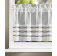 Transparente Scheibengardine mit horizontalen Streifen, am Fenster hängend.