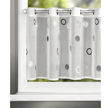 Ösenscheibengardine mit Kreismuster in Weiß und Grau für die Fensterdekoration.