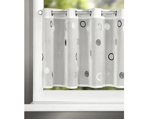 Ösenscheibengardine mit Kreismuster in Weiß und Grau für die Fensterdekoration.