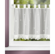 Transparente Scheibengardine mit Schlaufen, Blumenstickereien und floraler Spitzenkante am Fenster.