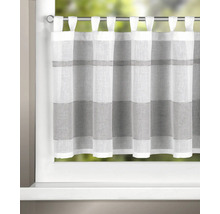 Halbtransparente Scheibengardine mit Schlaufen und horizontalem Streifenmuster vor einem Fenster.