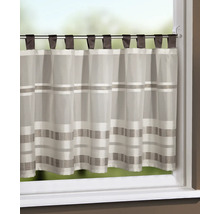 Bistro-Vorhang mit Schlaufen, weißes Gewebe mit horizontalen Streifen an einer Gardinenstange vor einem Fenster.