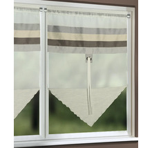 Halbtransparente Scheibengardine mit Querstreifen in Grau, Beige und Braun, mit dreieckigem Abschluss, am Fenster montiert.
