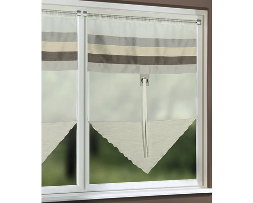 Halbtransparente Scheibengardine mit Querstreifen in Grau, Beige und Braun, mit dreieckigem Abschluss, am Fenster montiert.