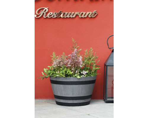 Pflanzkübel im Fass-Design mit Holzmaserung und schwarzen Ringen, bepflanzt mit rosa Astilben, platziert neben einer schwarzen Laterne.