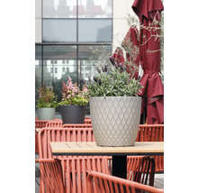 Moderner Pflanztopf mit Rautenstruktur auf einem Holztisch, bepflanzt mit Lavendel, im Hintergrund Terrassenmöbel und rote Sonnenschirme.