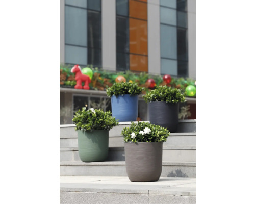 Vier moderne Pflanztöpfe aus Kunststoff mit wellenförmiger Struktur in Grün, Blau, Grau und Taupe auf einer Außentreppe.