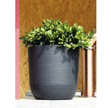 Anthrazitfarbener Pflanztopf mit Wellenstruktur und grüner Pflanze vor einer Holzwand.