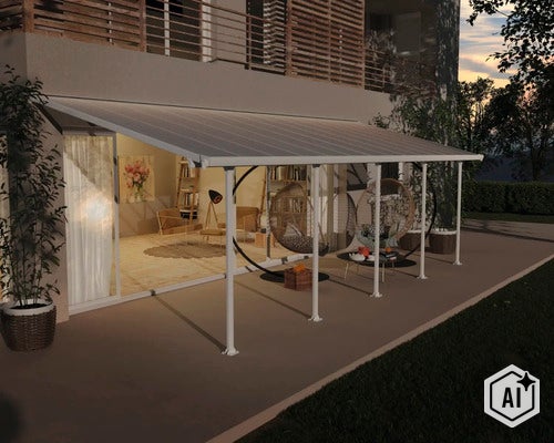 Terrassenüberdachung aus Metall mit Glasdach vor einem Wohnhaus mit Gartenmöbeln und zwei Hängesesseln auf der Terrasse. (Image AI modified or generated)