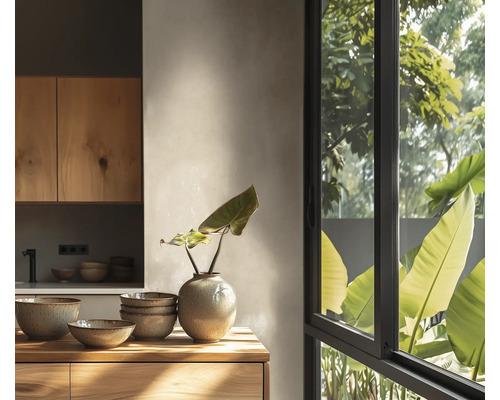 Helle moderne Küche mit Holzschränken, Keramikschalen, einer Vase und einem großen Fenster mit Blick ins Grüne.