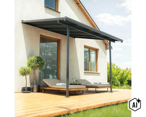 Terrassenüberdachung aus Metall über einer Holzterrasse mit zwei Liegestühlen an einer Hauswand. (Image AI modified or generated)