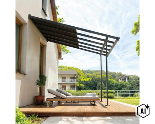 Moderne Terrassenüberdachung aus Metall an einer Hauswand mit Sonnenliege auf einer Holzterrasse im Garten. (Image AI modified or generated)