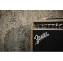 Fender Logo auf einem Gitarrenverstärker vor einer strukturierten Wand in Betonoptik.