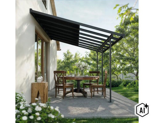 Terrassenüberdachung mit festem Dach und integrierter Markise vor einer Hausfassade mit Essgruppe auf der Terrasse im Garten. (Image AI modified or generated)