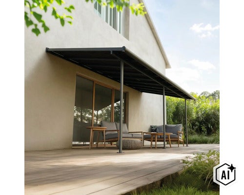 Terrassenüberdachung aus Metall an einer Hausfassade mit darunter stehenden Gartenmöbeln auf einer Holzterrasse im Garten. (Image AI modified or generated)