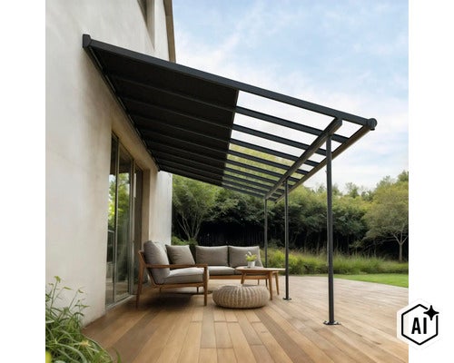 Terrassenüberdachung mit teilweise beschatteter Dachfläche und Holzterrasse mit Sitzgruppe im Garten. (Image AI modified or generated)
