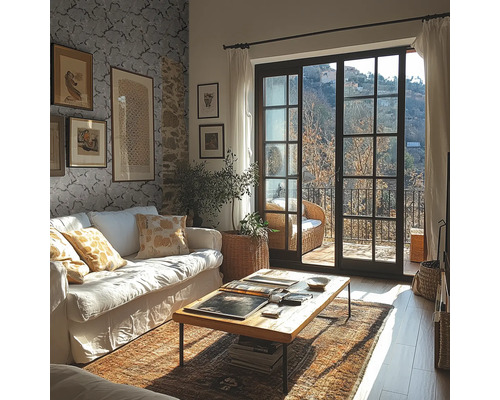 Helles Wohnzimmer mit weißem Sofa, Holztisch und großer Glasfront zum Balkon mit Blick in die Natur.