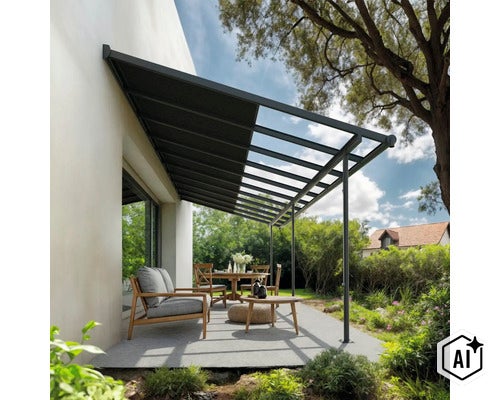 Terrassenüberdachung mit festem Dach und Glasdach kombiniert, montiert an einer Hauswand über einer Terrasse mit Sitzgruppe im Garten. (Image AI modified or generated)
