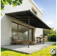 Terrassenüberdachung aus Metall an einer Hausfassade mit gemütlichem Außenbereich inklusive Sitzgruppe und Couch auf einer Terrasse. (Image AI modified or generated)