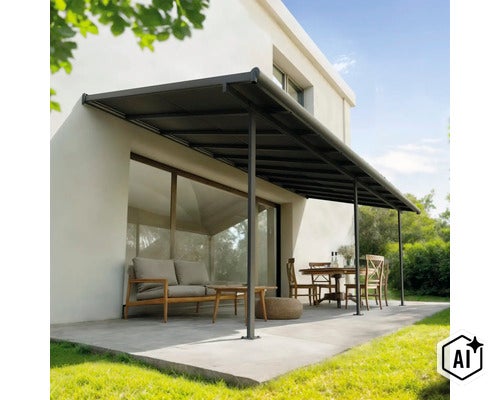 Terrassenüberdachung aus Metall an einer Hausfassade mit gemütlichem Außenbereich inklusive Sitzgruppe und Couch auf einer Terrasse. (Image AI modified or generated)