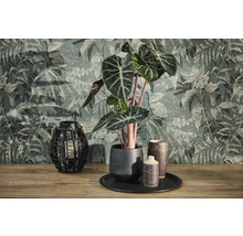 Vliestapete mit Dschungel-Motiv und Vintage-Struktur hinter einer Alocasia-Pflanze im Keramiktopf und einer Gitterlaterne auf Holzoberfläche.