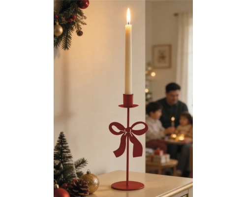 Roter Kerzenständer aus Metall mit Schleifen-Design und brennender Stabkerze in weihnachtlicher Umgebung.
