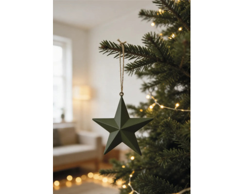 Dunkelgrüner fünfzackiger Stern als Weihnachtsbaumanhänger an einem Tannenbaumzweig mit Lichterkette in einem hellen Wohnzimmer.