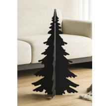 Moderner schwarzer Weihnachtsbaum aus Metall als Silhouette in einem hellen Wohnzimmer auf Holzboden vor einem beigen Sofa.