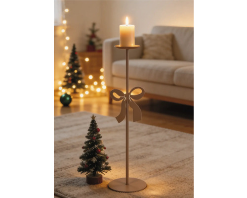 Hoher Metall-Kerzenständer mit Schleifendekor und brennender Stumpenkerze in einem hellen Wohnzimmer mit Weihnachtsdekoration.