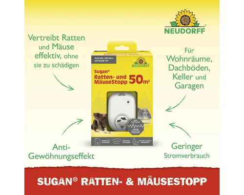 Neudorff Sugan Ratten- und Mäusestopp, Ultraschall-Abwehrgerät für Innenräume bis 50 Quadratmeter, sicher für Kinder und Haustiere.