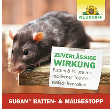 Neudorff Sugan Ratten- und Mäusestopp mit Ratte auf Holzoberfläche und Neudorff Logo. Zuverlässige Wirkung gegen Ratten und Mäuse.