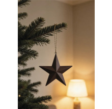 Weihnachtsbaumanhänger in Sternform aus Metall an einem Tannenzweig hängend.
