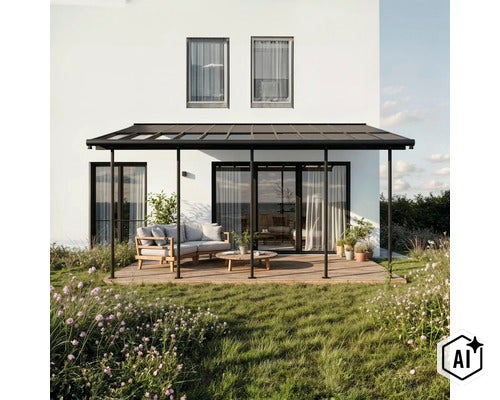 Terrassenüberdachung aus Aluminium mit Glaseindeckung an einem modernen Wohnhaus mit Holzterrasse und Sitzgruppe. (Image AI modified or generated)