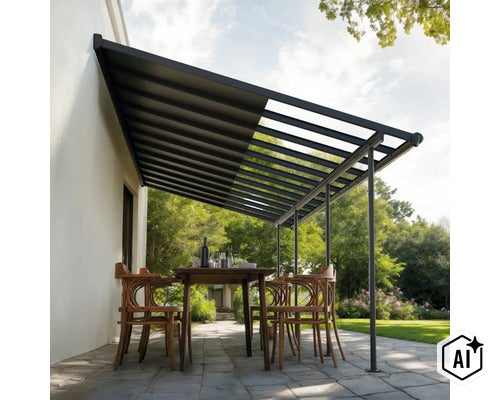 Moderne Terrassenüberdachung aus Metall mit ausziehbarem Sonnenschutz auf einer Steinterrasse mit Essgruppe und Garten im Hintergrund. (Image AI modified or generated)