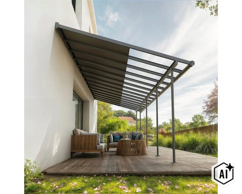 Moderne Terrassenüberdachung mit integrierter Markise über einem Holzdeck mit Loungemöbeln vor einem Wohnhaus. (Image AI modified or generated)