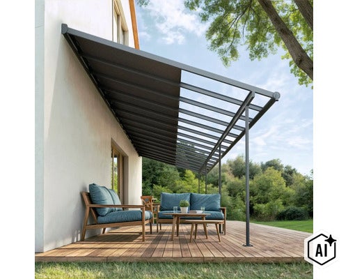 Terrassenüberdachung mit teilweise ausziehbarem Sonnenschutz auf einer Holzterrasse mit Loungemöbeln vor einem Wohnhaus. (Image AI modified or generated)